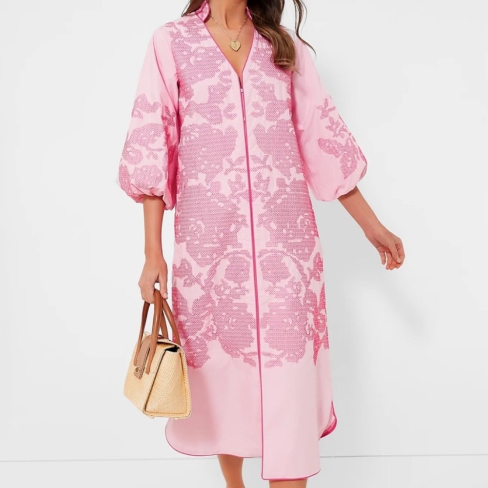 Tuckernuck Pink Resort Midi Dress with Bishop Sleeves and V-Neck - Picture 1 of 11